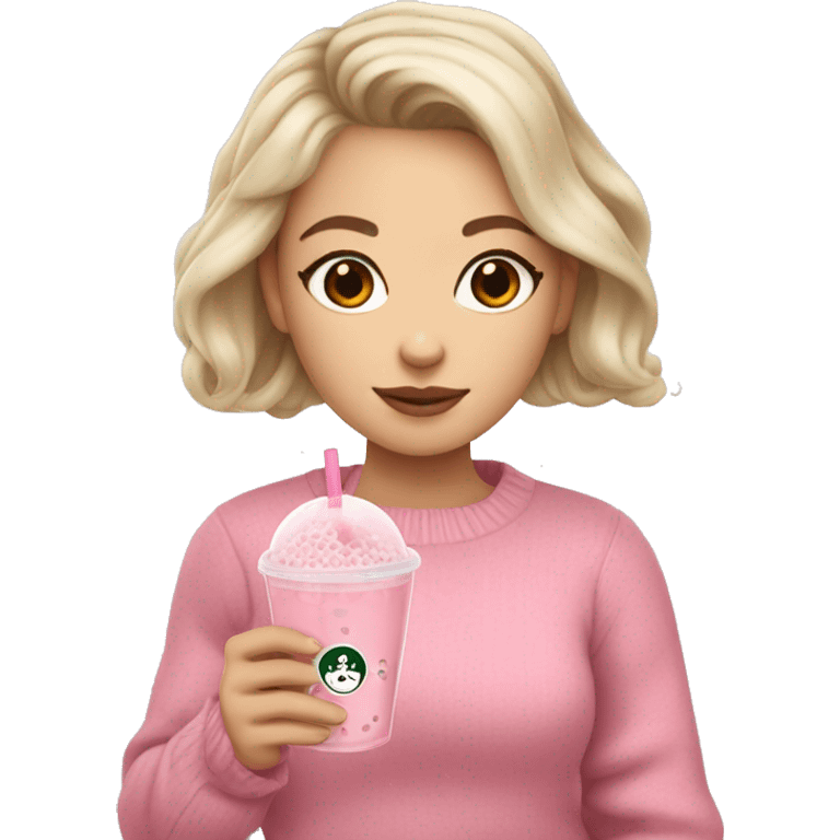 White-skinned Girl in a pink sweater holding a glass of bubble tea in her hand emoji