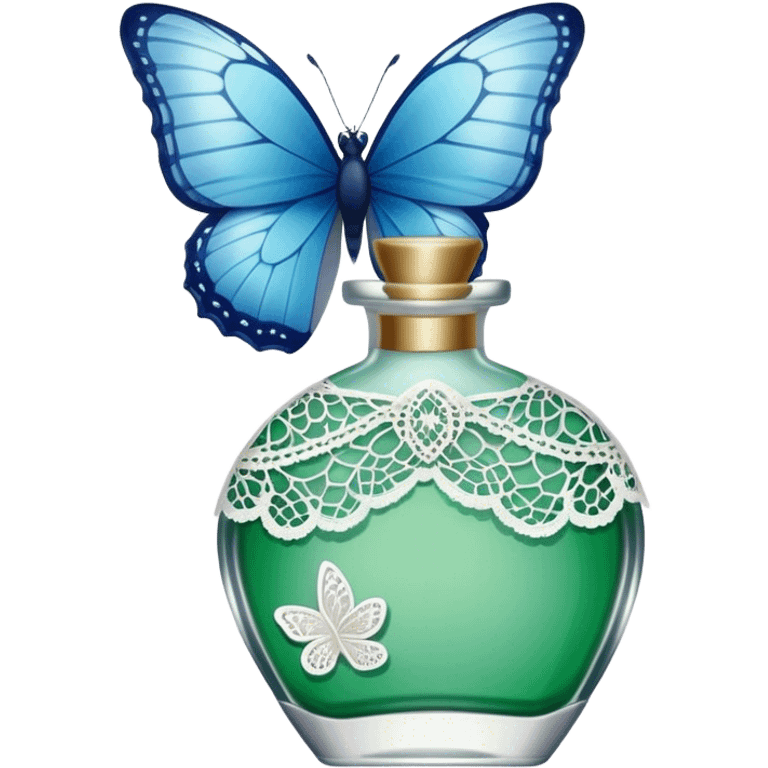 A single delicate blue butterfly resting on the edge of a lace-trimmed green  perfume bottle.
 emoji