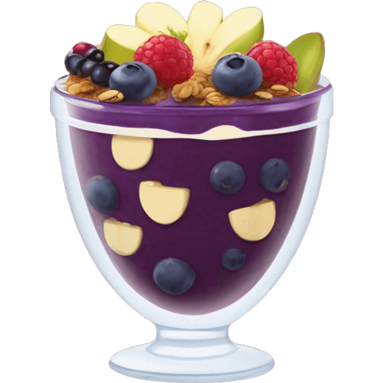 Açaí in a clear cup with layers of fruits and granola and condensed milk emoji