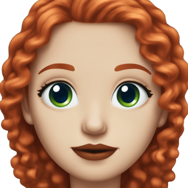 straight long curly red hair, tomato red lipstick, blue-green bright eyes, white skin and a very small sharp nose emoji