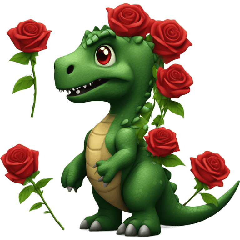 Dinosaur holding bouquet of red roses emoji