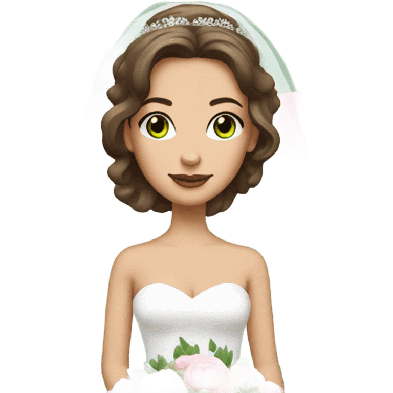 White bride with brunette hair and green eyes with light pink peonies in hair white skin emoji