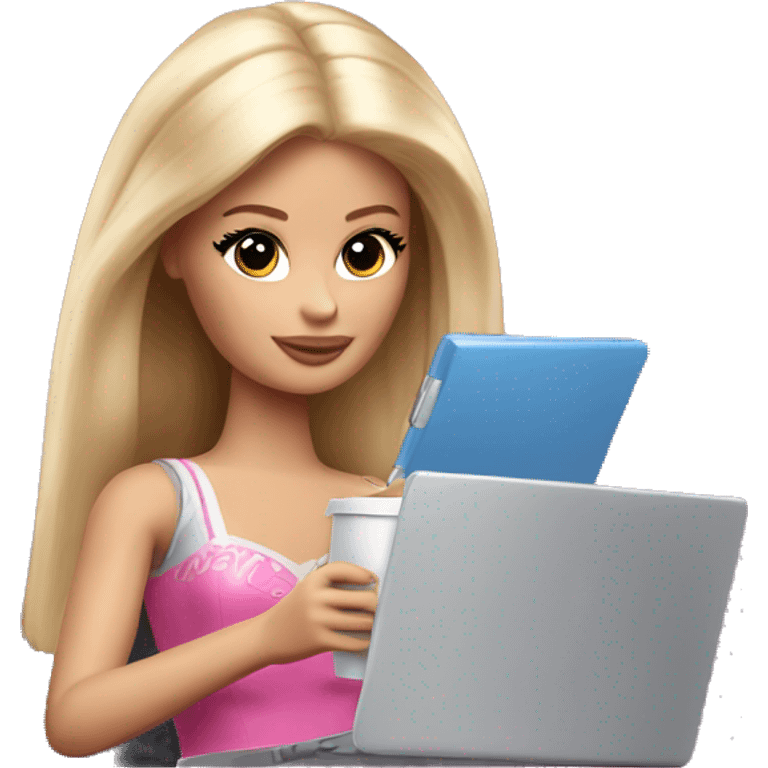 tired barbie with laptop drinking coffee emoji