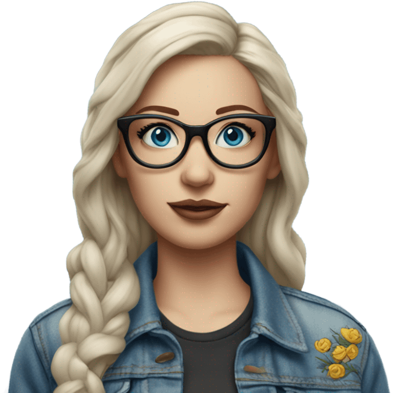 Create a Hyper Realistic pale beautiful tattooed 3D woman with glasses and blue eyes wearing denim jacket emoji