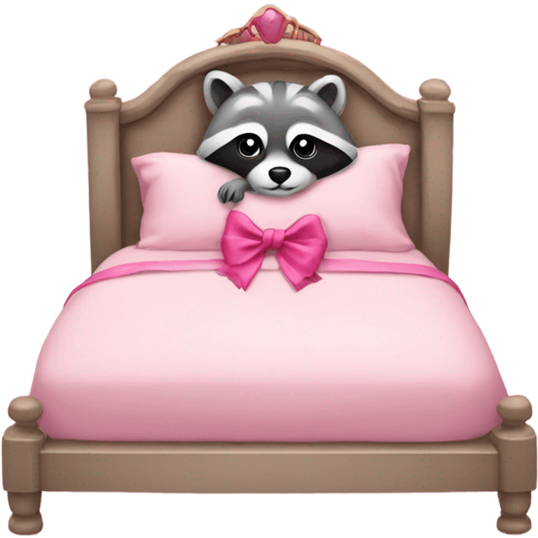 princess style bed with sleeping cute racoon wearing pink bow on head in it emoji