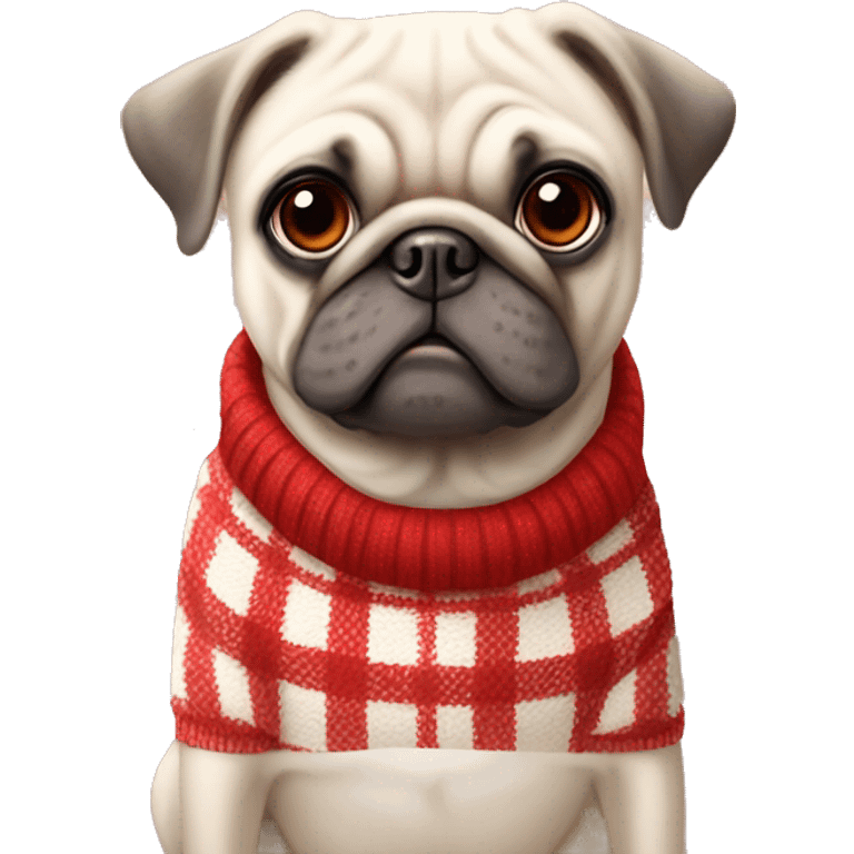 full white pug wearing a red and white checkered sweater emoji