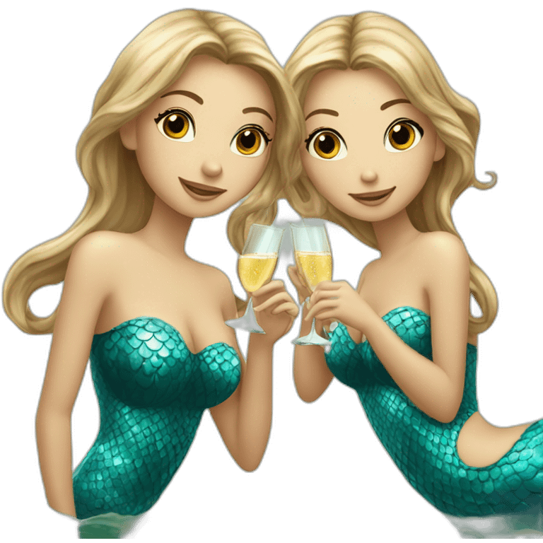 Three beautiful mermaids (two brown hair with brown eyes and blond one with blue eyes) drinking champagne emoji