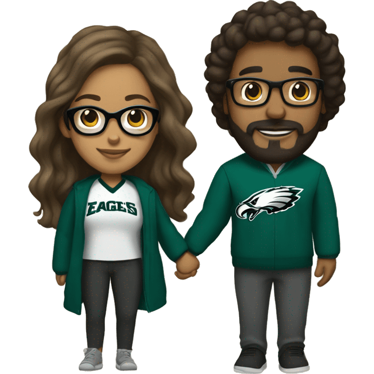 Brown guy with beard mustache and brown girl with glasses and her hair in a bun in Philadelphia eagles clothes holding hands emoji