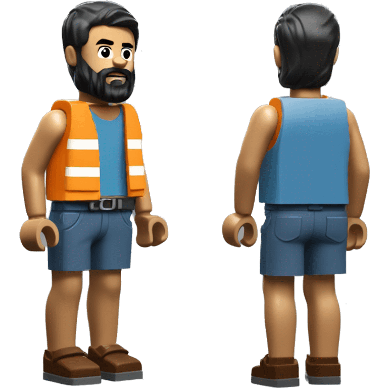 Lego builder in shorts with black short hair and a beard hair needs to be short and wearing builders clothes emoji