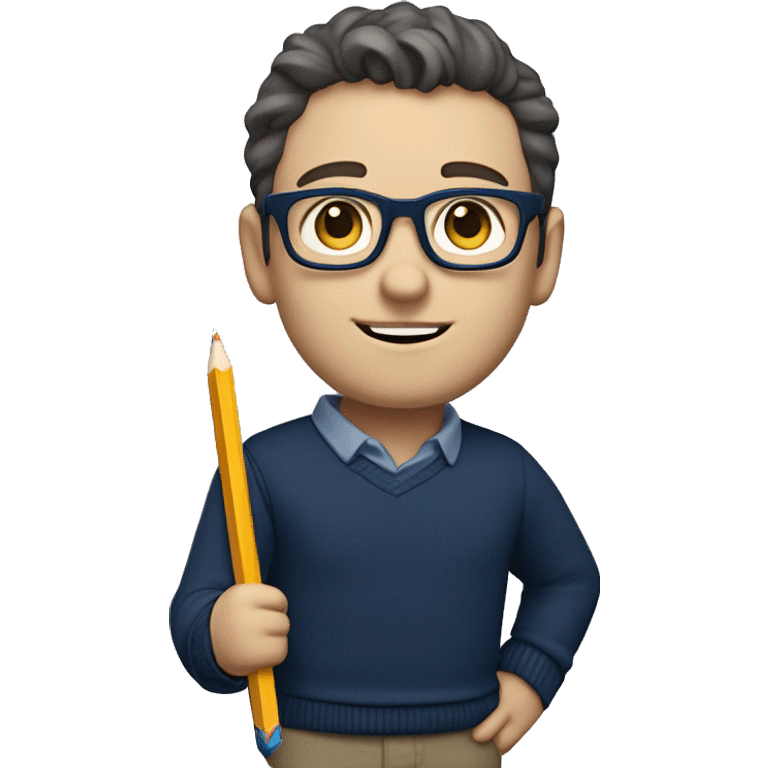 caucasian white boy with dark wavy  hair, blue glasses, and carrying design plan because he is an architect carrying a pencil and a set model maquette. wearing a navy blue long sleeve sweater shirt. smart.  emoji