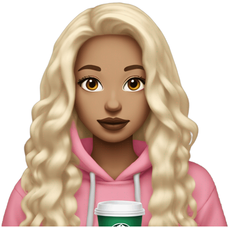 White skin girl with long blonde hair extensions with big pink lips and lashes with a Starbucks in her hand and a beige hoodie on emoji