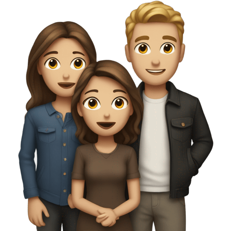 three white people with brown hair two male one female all kissing emoji