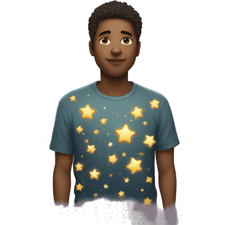 Person wearing t shirt filled with golden stars galaxies celestial emoji