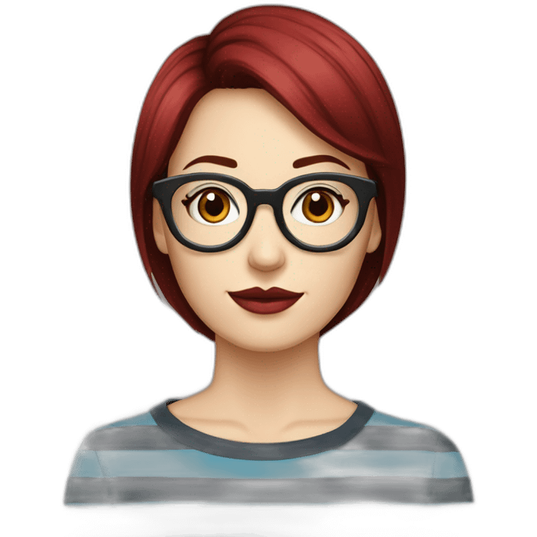 a woman face with grey eyes and a dark red shag haircut, transparent vintage style glasses, a round face and a black and blue striped shirt emoji