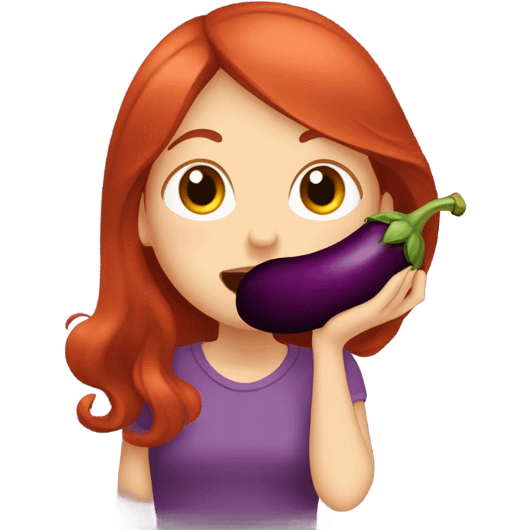 Red haired girl holding eggplant near mouth pretending to bite it emoji