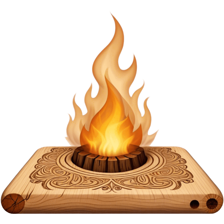 Pyrography icon, piece of wood with half-burned intricate patterns, pyrography tool emitting heat, visible burn marks and ongoing design process, smoke rising from the wood, wood texture, minimalistic style, clean lines, transparent background. emoji