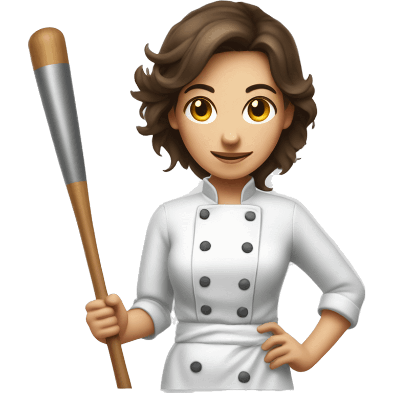 mischievous brunette chef hiding a baseball bat behind her back emoji