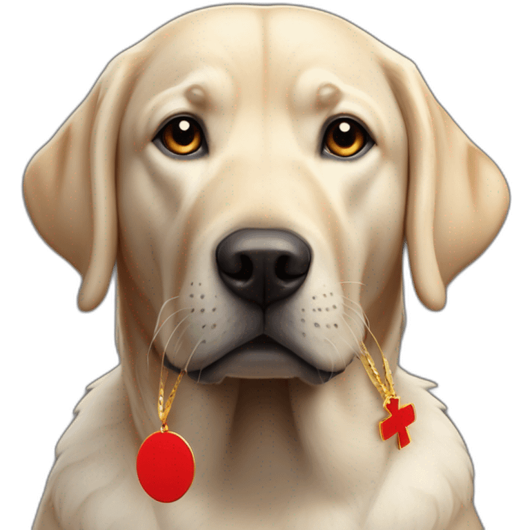 Labrador de couleur noir avec un bandeau rouge et une médaille emoji