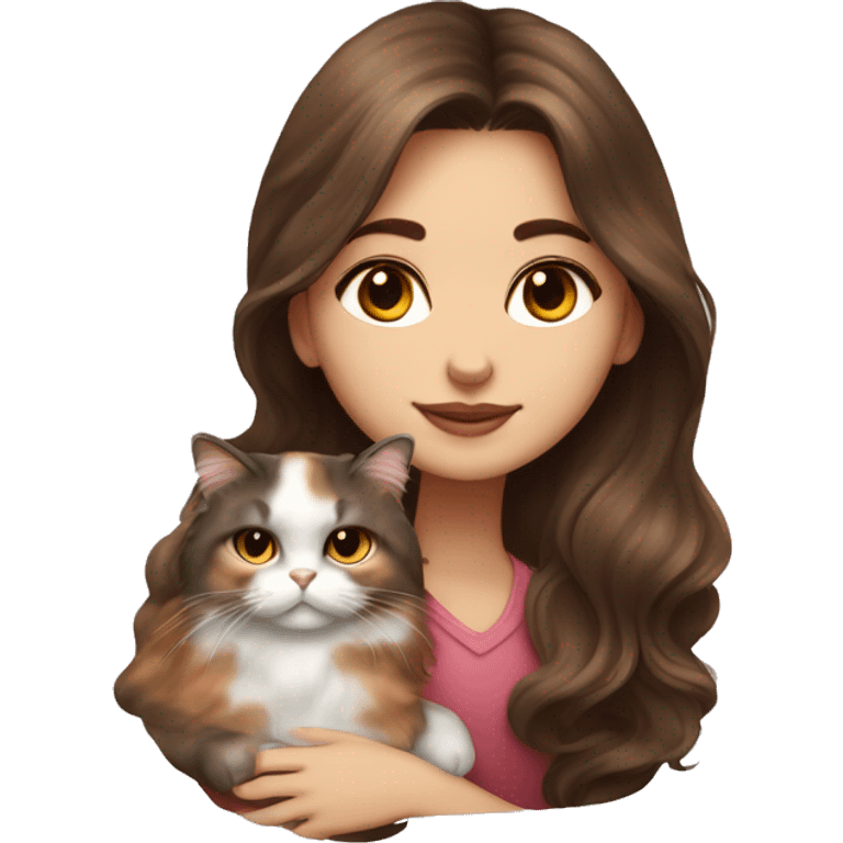 brunette girl with long wavy hair snuggling Calico Persian cat emoji