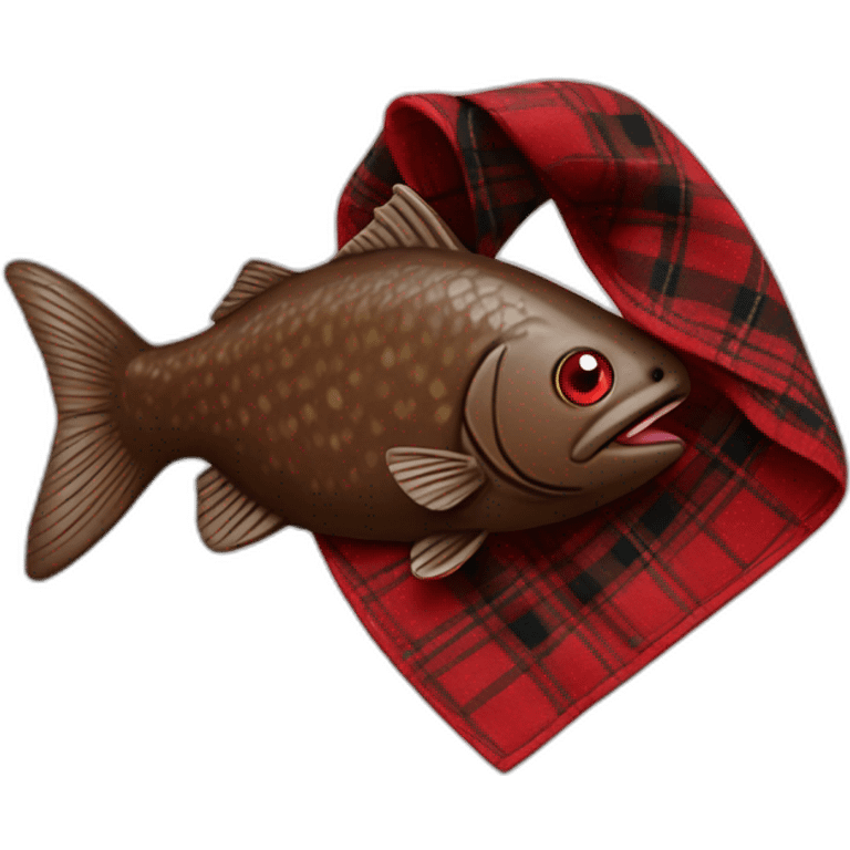 Chocolate brown colored doodle with a red and black flannel hankerchief holding a plush trout fish chew toy emoji