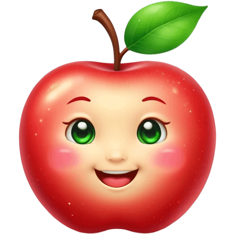 Cute Kawaii Apple, round and plump, bright shiny red with a tiny green leaf, chubby cheeks, sparkling eyes, a happy smile, soft glowing highlights, radiating fresh sweetness! emoji