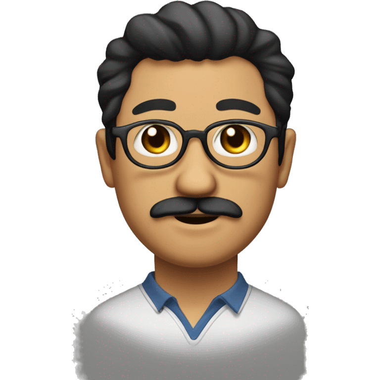 Man with dark hair, mustache and chin beard, roun glasses, round face, brown eyes, emoji