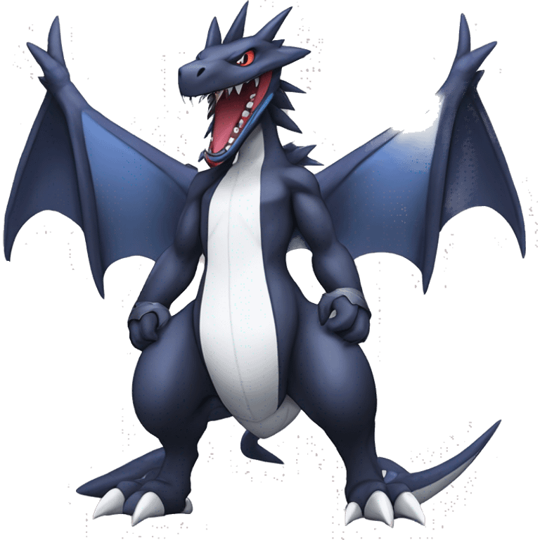 Black, Cool, Edgy, Garchomp-Nargacuga-Sergal Fakémon-Digimon with sharp edgy striking detailed stripe-markings,  full body emoji