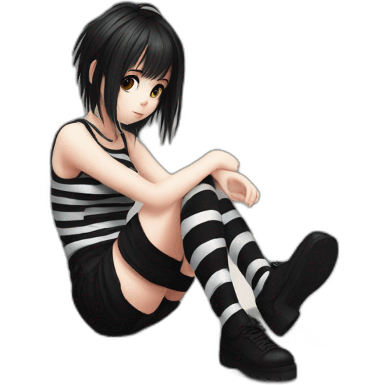 full body Front view emo girl sits on the floor black skirt torn striped stockings emoji