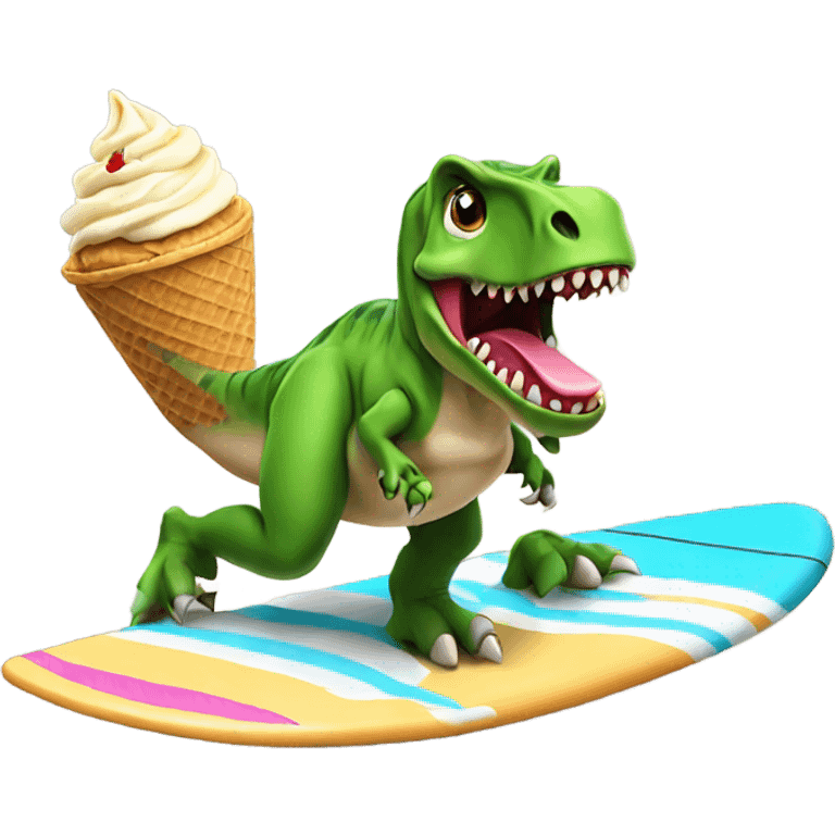 T-rex surfing while eating an ice cream emoji