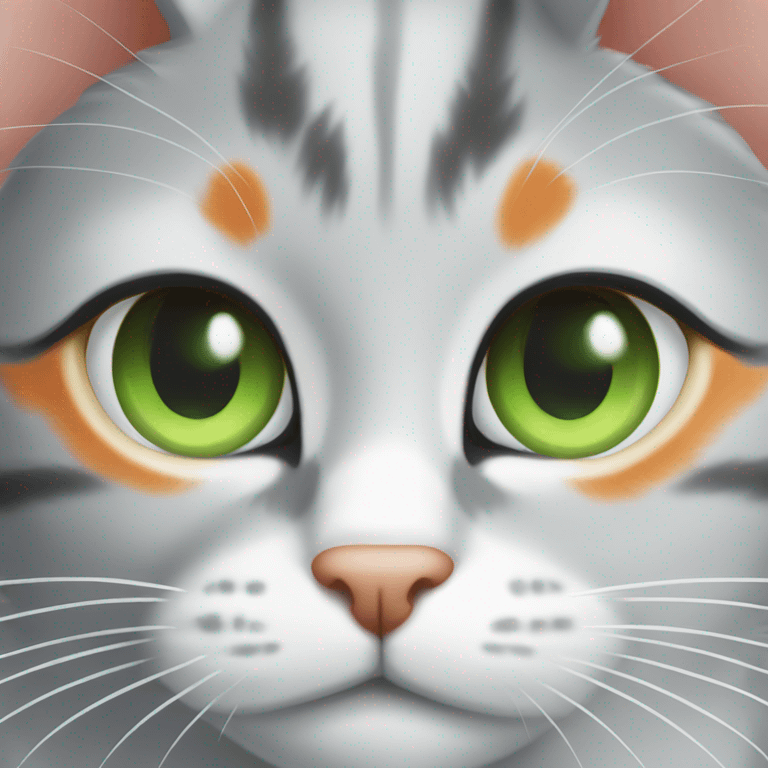 gray and orange and white cat with green eyes  emoji