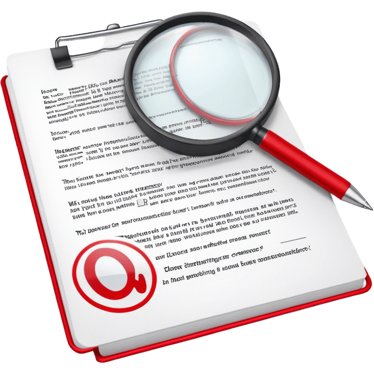 Create an emoji representing editing and proofreading. The design should feature an open document or manuscript with visible text and proofreading marks (such as red underlines or corrections). A red pen or pencil should be placed near the document, symbolizing the act of making edits. Optionally, include a magnifying glass to represent careful review. Use neutral and professional colors like white, black, and red accents to highlight the editing process. Do not include any emojis or smiley faces. Make the background transparent. emoji