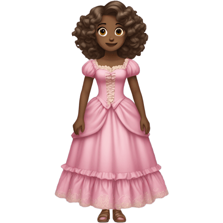 a black brownskin girl standing wearing a rococo dress pink with the hairstyle of wavy long hair emoji