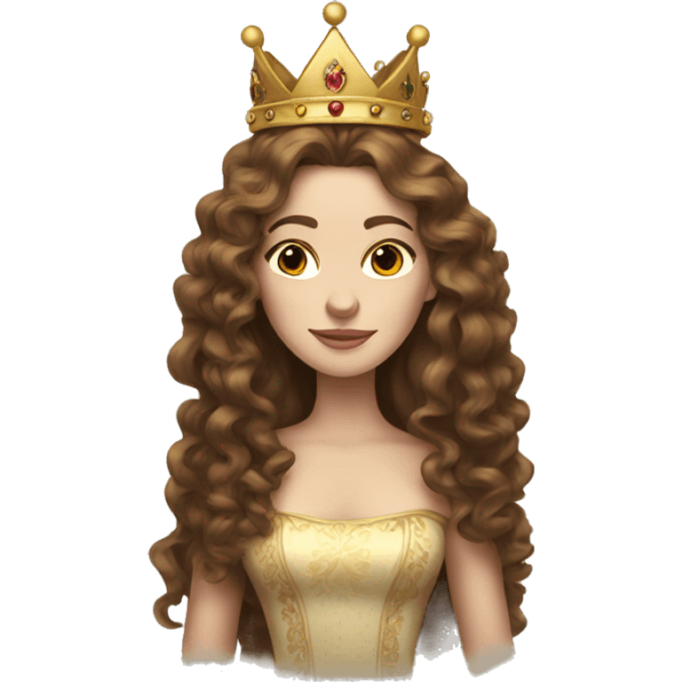 Queen with a crown, pale skin, long brown curly hair emoji