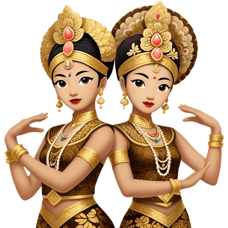 ​Cinematic Realistic Traditional Javanese Dancers, depicted as two graceful dancers in ornate traditional costumes with intricate batik patterns and elaborate headpieces, captured in dynamic poses during a ritual dance in an ancient temple courtyard, rendered with soft golden lighting and rich cultural textures, emoji