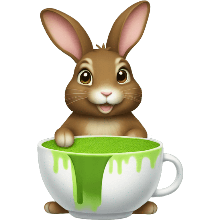 Flemish giant brown bunny holding matcha emoji