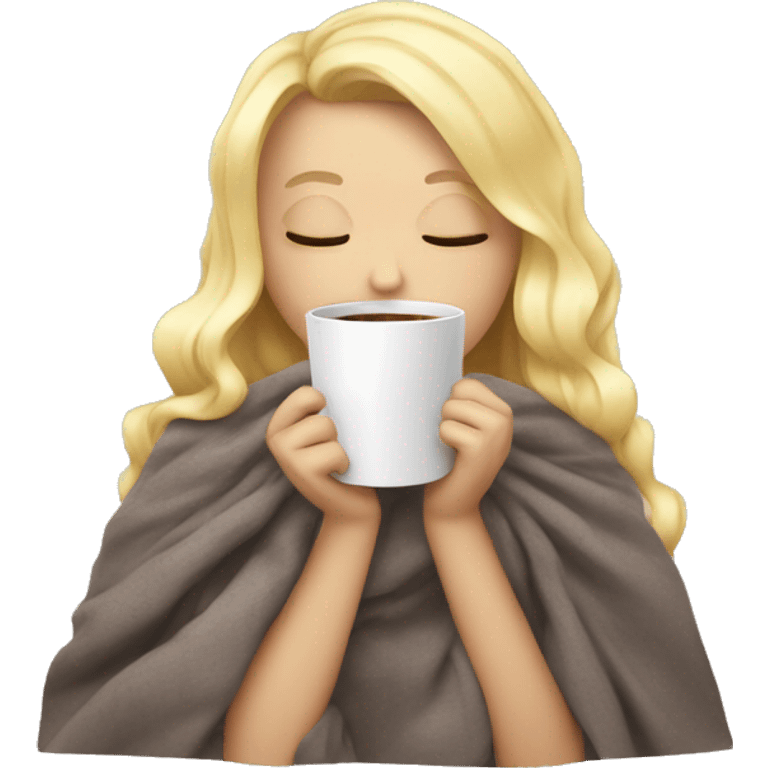 girl inside a blanket sipping coffee with a bow tie eyes closed with blonde hair and   emoji