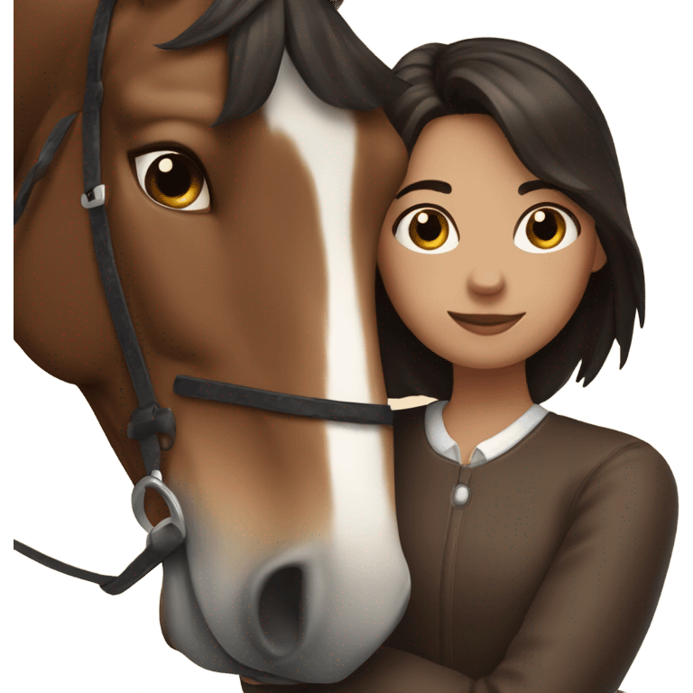 Girl with dark brown hair hugging brown horse with white spots  emoji