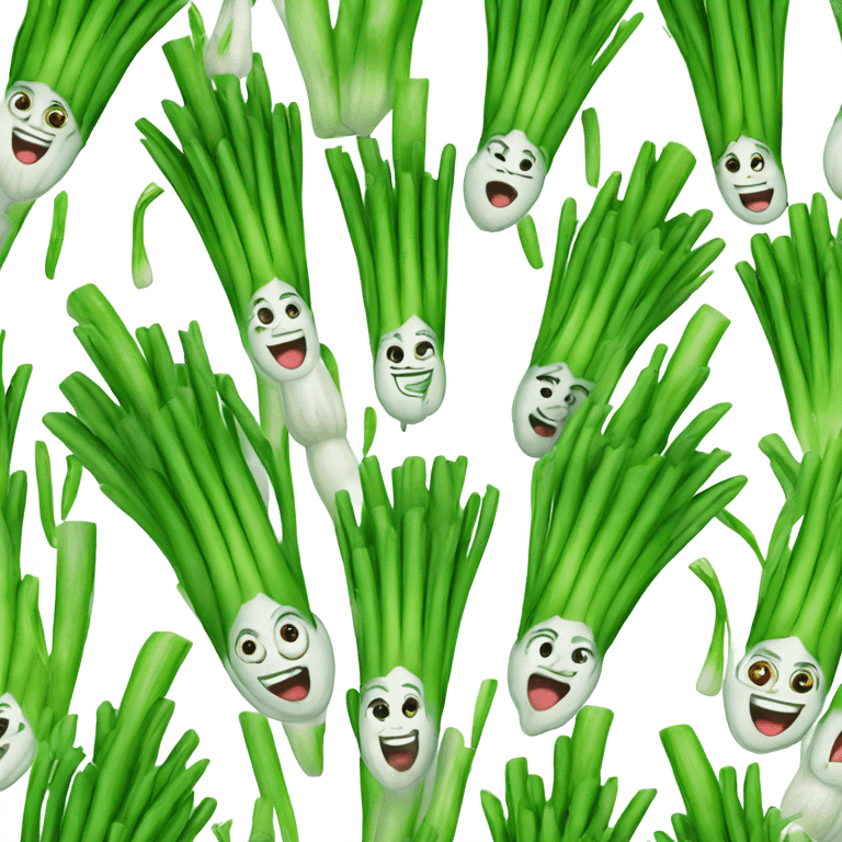 Cheerful green onion with big expressive eyes, a wide smile, and a few green stalks on top. Designed in a cute, cartoonish style with vibrant colors. emoji