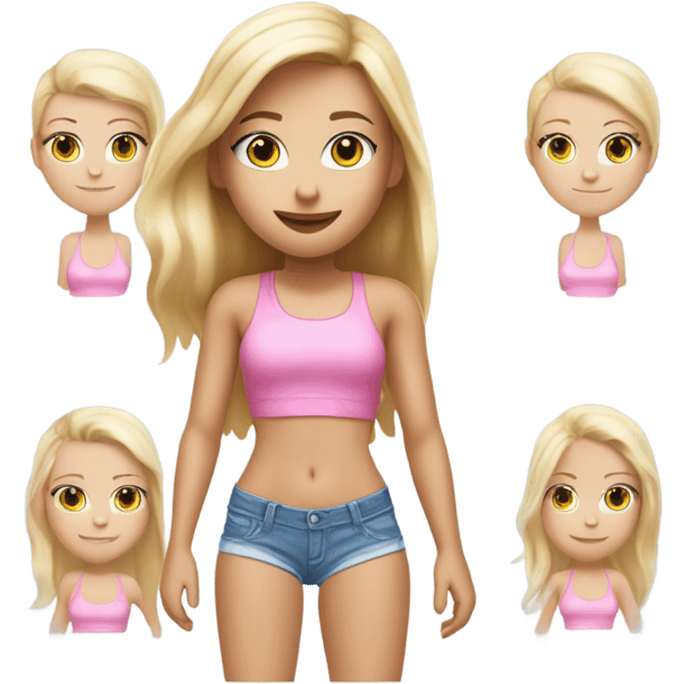 blonde girl with blue eyes and blonde straight hair with white tan skin with bikini tan lines in a pink singlet and small blue denim shorts and long eyelashes emoji