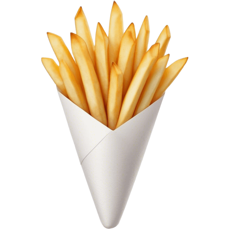 Belgian Fries Cinematic Realistic Belgian Fries Dish Emoji, depicted as a generous serving of crispy fries neatly presented in a white paper cone, rendered with vivid textures and appetizing, natural lighting. emoji