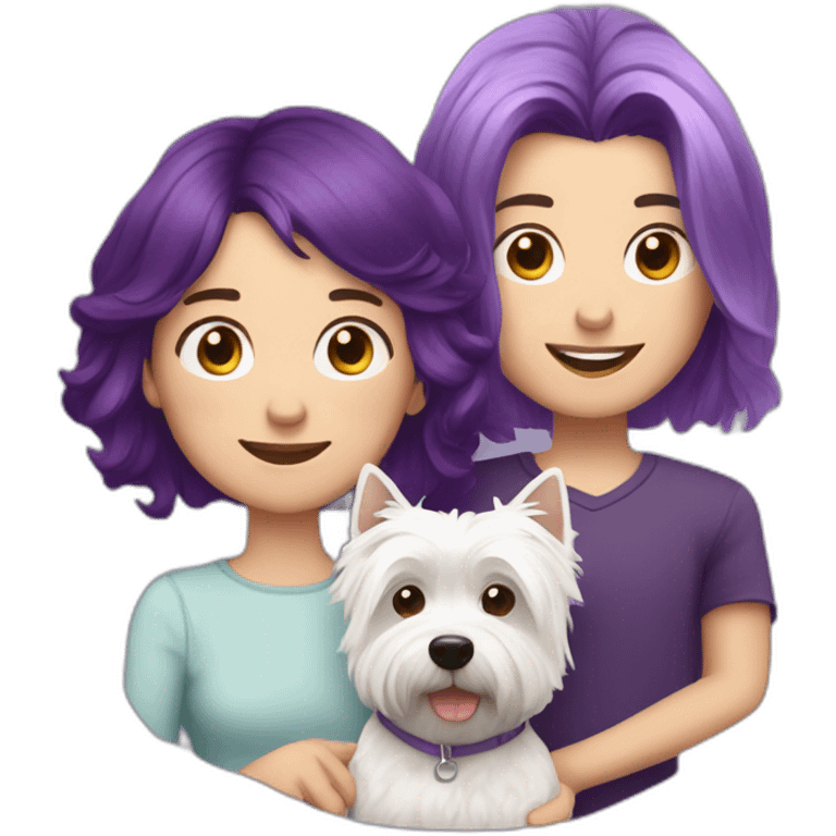 Family picture woman with purple hair, aduld son with dark brown hair and cute West Highland White Terrier emoji