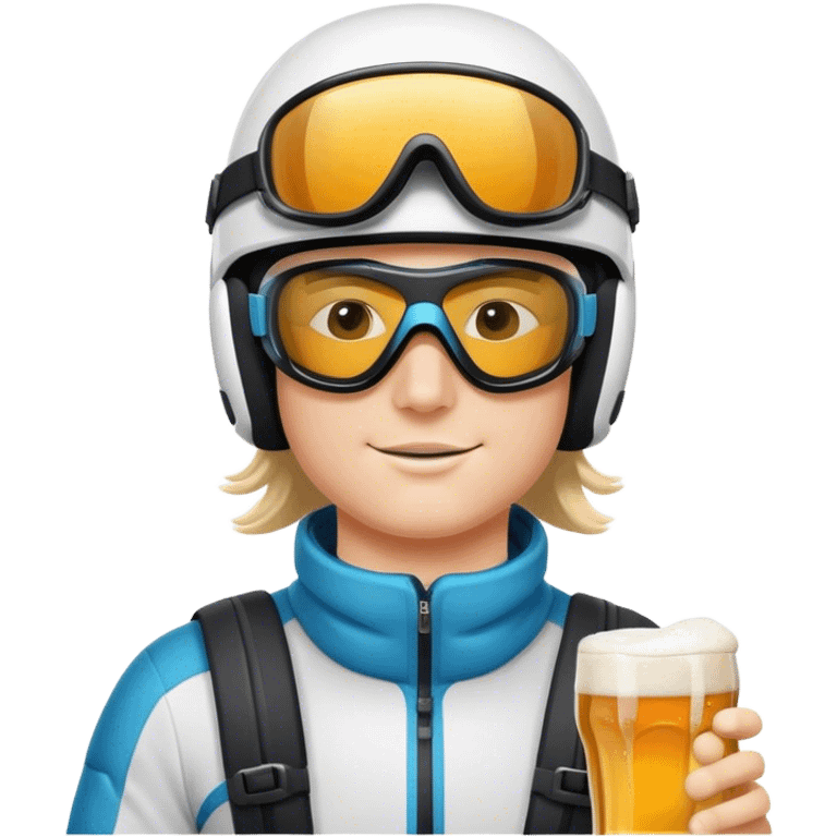 After-ski, a skier, wearing modern skiing goggles on his ski helmet, drinking beer. The person should not wear any glasses. emoji