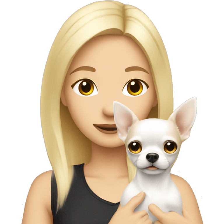 A blonde girl with a white chihuahua emoji