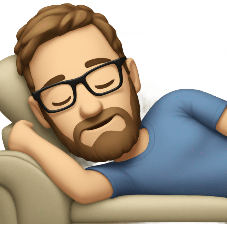 Caucasian man with brown hair, beard and glasses napping on a couch emoji