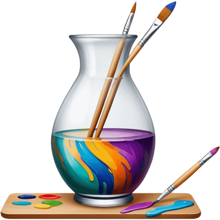 Glass painting icon, colorful brushstrokes on a glass vase, intricate painted patterns on the surface, visible fine paintbrush and palette beside it, no liquid inside the vase, minimalistic style, clean lines, transparent background. emoji