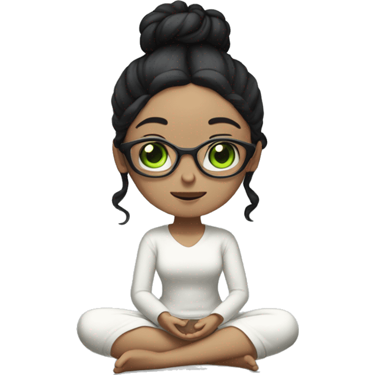 White skinned girl with glasses and green eyes and a bun with black hair, meditating on the floor emoji