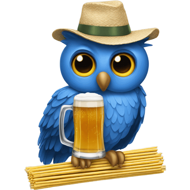 Blue owl wearing a hat that has straws you can put beer in and drink emoji