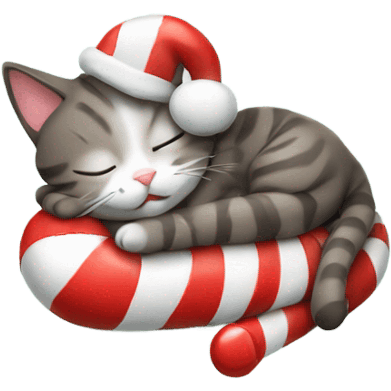 Happy sleeping cat holding a candy cane emoji