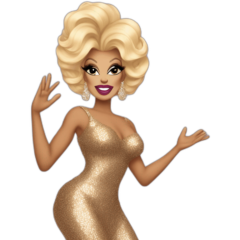 Drag queen, full body. Rupaul Charles. blonde hair styled swept to the side. sequin dress, posed with left hand on her hip, right hand raised in the air. Iconic, legendary, proud emoji