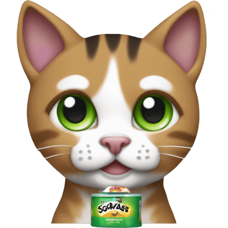 sokoke cat with a white torso and marbeled colors on his face (brown, black and with green eyes) smiling and closing an eye. Holding with a paw a whiskas cat food sachet emoji